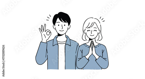 Happy couple celebrating success with positive gestures in a bright, clean style