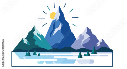 Stylized mountain range illustration with a radiant sun rising behind the central peak creating a sense of majestic serenity