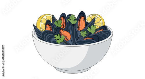 Bowl of appetizing mussels with vibrant lemon and fresh parsley illustration for food lovers