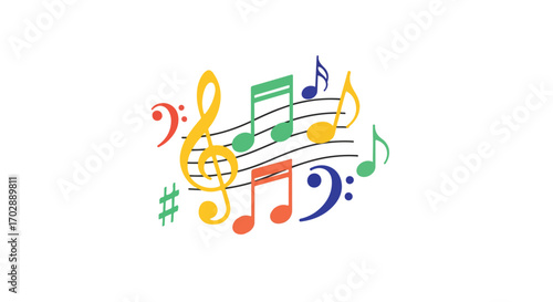 Harmonic rhythm: a vibrant and colorful display of musical notes, symbols, and energy, evoking creativity and cheerful melodies