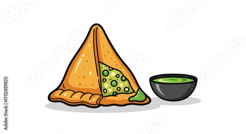 Illustration of a Crispy Samosa with Green Chutney for a Delicious Indian Snack Concept