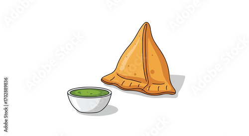 Crispy samosa illustration paired with vibrant green chutney isolated on a white background enhancing its culinary appeal and visual clarity