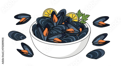 Elegant shellfish bowl with lemon wedges and parsley, perfect for seafood restaurant advertising and recipe illustrations