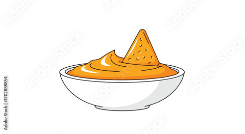 Delicious snack with a tortilla chip stuck in a bowl of melted cheese is perfect for any food or party-themed project or design illustration