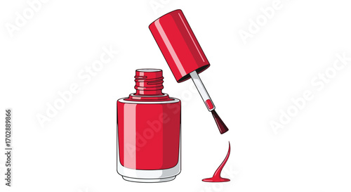 Striking Scarlet: A vibrant illustration of open nail polish bottle with a graceful drop, symbolizing beauty and meticulousness in cosmetic