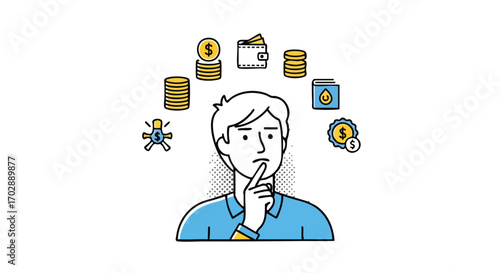 Man thoughtfully considering financial decisions surrounded by money symbols and icons