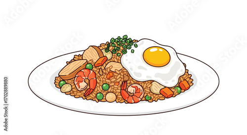 Delightful dish illustration: A delectable plate of fried rice with shrimp, chicken, egg, vegetables, herbs and spices beautifully presented drawing
