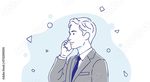 Confident businessman in suit talking on smartphone, modern abstract background, professional communication concept