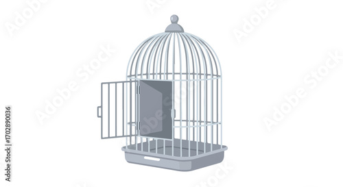 Empty open birdcage concept symbolizing freedom, liberation, or the absence of confinement and the opportunity to explore new horizons