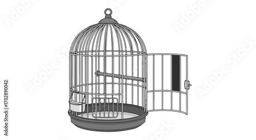 Stylized empty birdcage illustration with open door conveying themes of freedom or confinement rendered in a simple monochrome palette