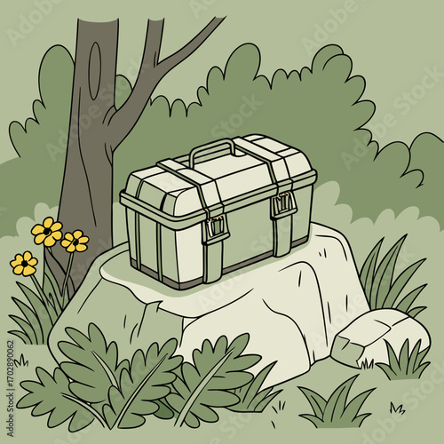 Beige Chest on a Rock in a Green Forest