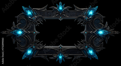 Elaborate gothic picture frame overlay with luminous blue crystals on a transparent background