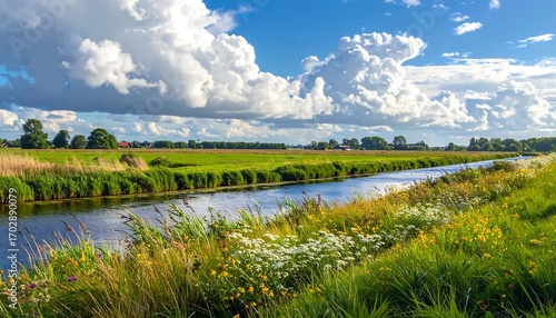 Fototapeta Naklejka Na Ścianę i Meble -  Idyllic Dutch countryside scene with canal, meadow and blue cloudy skies