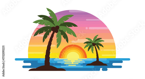 Tranquil tropical sunset scene with layered sky gradient and minimalist palm tree islands for summer vacation vibes