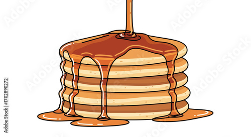 Stack of Fluffy Pancakes with Flowing Maple Syrup Illustration that show delicious appetizing dessert with sweet caramel topping perfect for