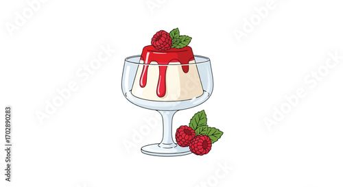 Delicate panna cotta dessert with raspberry topping and fresh raspberries illustration, a gourmet treat in a glass minimal style isolated on white