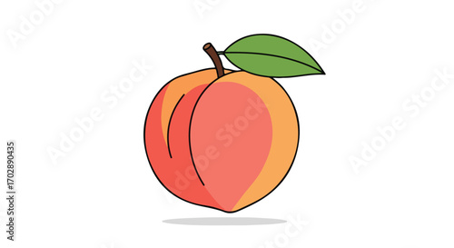 Delicate peach illustration against a white background showcasing vibrant hues and soft shadows with a charming green leaf detail
