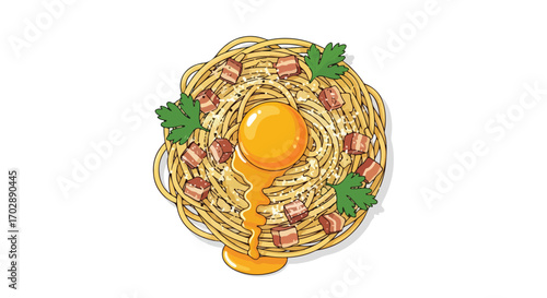 Illustration of Spaghetti Carbonara Dish with Egg Yolk and Bacon Bites on an Isolated White Background