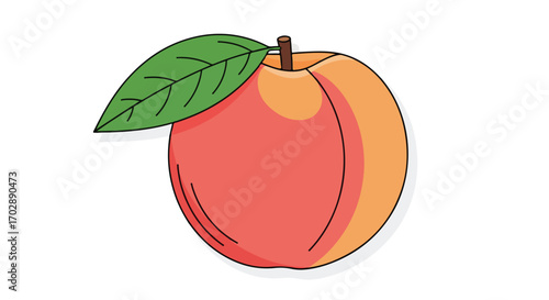 Illustration of a Fresh Peach Fruit with a Green Leaf isolated against a white surface shows delicious fresh taste and appetizing aesthetic in