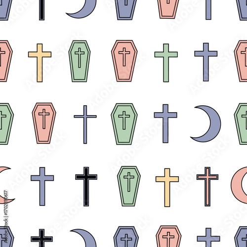 Colorful Halloween Pattern with Crosses Coffins and Crescent Moons.