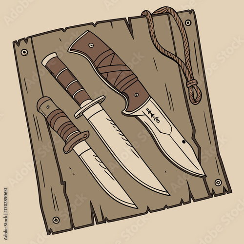 Collection of Knives Displayed on Rustic Wooden Board