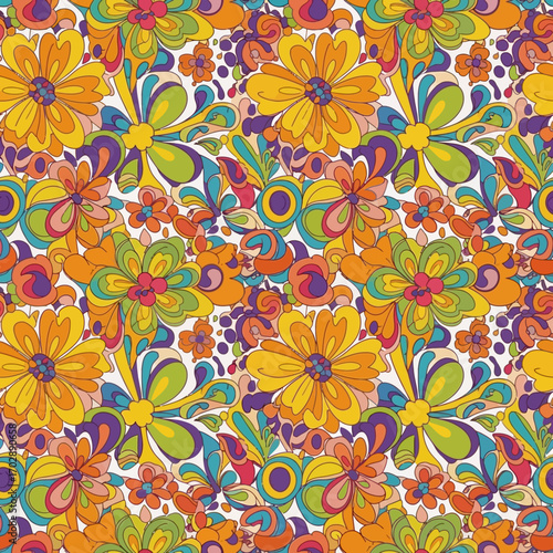 Colorful seamless pattern with psychedelic groovy flowers.