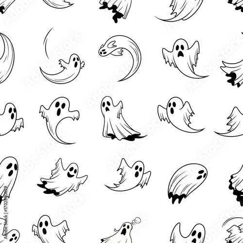 Cute and spooky hand drawn ghost seamless pattern background.