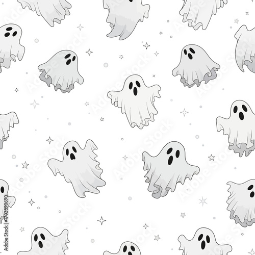 Cute cartoon ghosts seamless pattern on a white background.