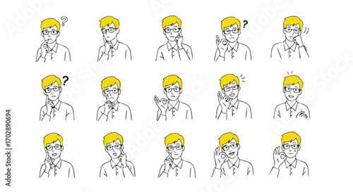 Expressions of Thought Diverse Poses of a Man with Questioning and Pensive Gestures