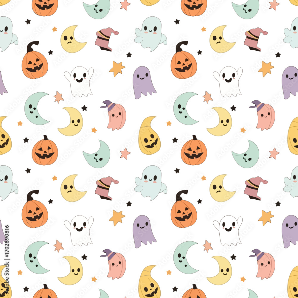 Fototapeta premium Cute Kawaii Halloween Seamless Pattern with Ghosts Pumpkins and Moons.