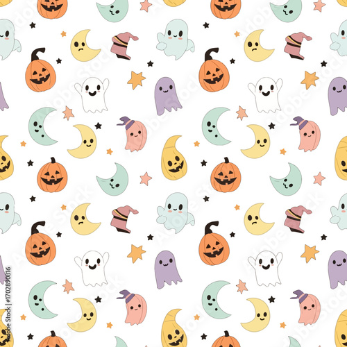 Cute Kawaii Halloween Seamless Pattern with Ghosts Pumpkins and Moons.