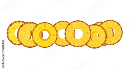 Stylized depiction of stacked pineapple rings, showcasing tropical fruit arranged on a pure white backdrop for design projects