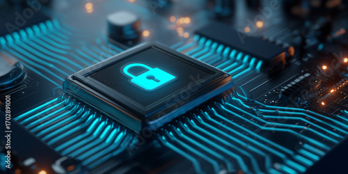 Secure microprocessor with lock icon and glowing circuits for enterprise cybersecurity