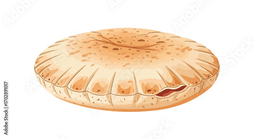 Hand-drawn illustration of a round flatbread with a slight tear displaying filling, perfect for culinary and dietary themed designs and illustrations