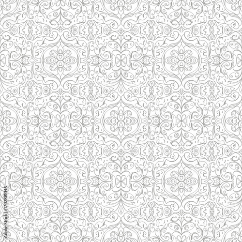Elegant monochrome seamless pattern with intricate damask ornamentation.
