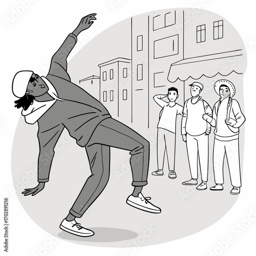 Dynamic Breakdancer in Grayscale City Street Illustration