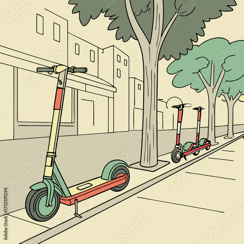 Electric Scooters Parked on City Street