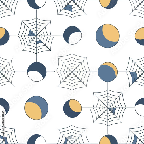 Graphic Celestial Pattern with Moon Phases and Spiderwebs.