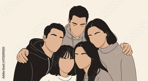Illustration of Group Friends Embrace Faceless Style People Connecting in Casual Outfits
