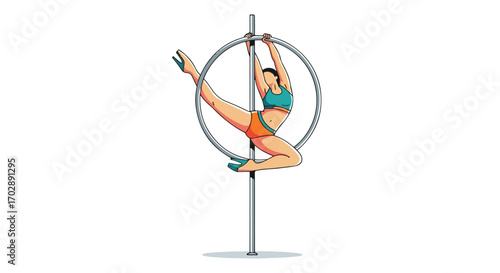 Acrobatic artist gracefully performing complex aerial tricks on a circus ring suspended from a pole displays ultimate physical strength and elegance