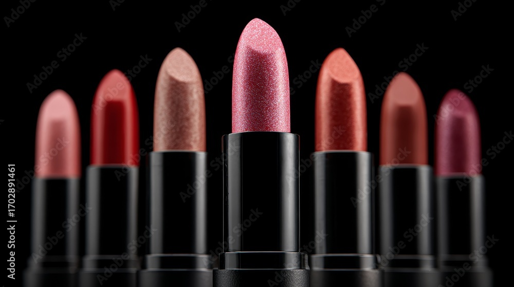 Obraz premium Collection of various shade lipsticks with focal point against black background, studio lighting highlighting texture color beauty diversity