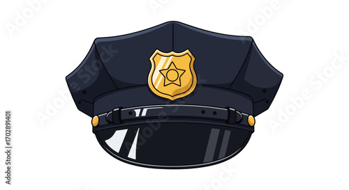 Stylized Police Hat Illustration with Gold Badge and Defined Outline on a White Background