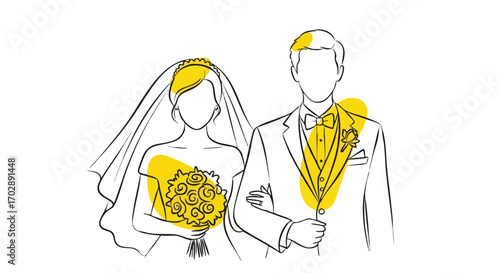 Elegant Wedding Day A Bride and Groom's Outline Illustration with Floral Details