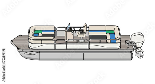 Stylized pontoon boat illustration depicting recreational boating and leisurely activities on the water featuring seating arrangements and motor
