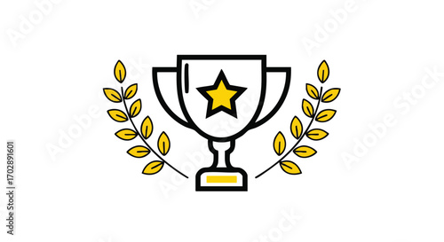 Trophy icon with golden star and laurel branches award and achievement