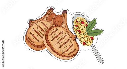Delicate Illustration of Pork Chops with Apple Stuffing, Representing Home Cooking and Culinary Delights
