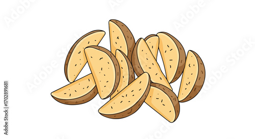 Illustration depicting a pile of golden potato wedges arranged on a white backdrop, showcasing their appetizing look and detailed design