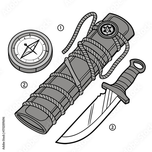Gray Knife Compass and Sheath Illustration