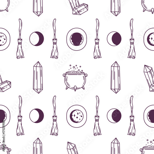 Mystical witchcraft seamless pattern with hand drawn magical elements.