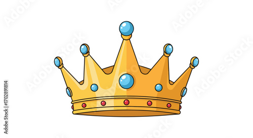 Isolated royal crown icon illustration showcasing a golden color with blue and red gemstones against a white background royalty symbol icon